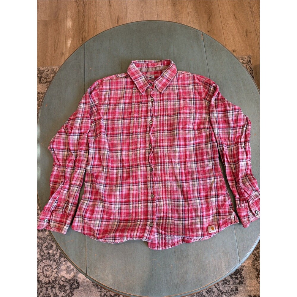 Carhartt Women's XL Flannel Shirt Long Sleeve Pink Plaid Cotton Fall 2012 F12